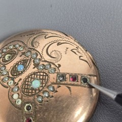 Victorian Gold-Filled/Gold-Plate Engraved Gemstone Photo Locket w/ Opal & Gems