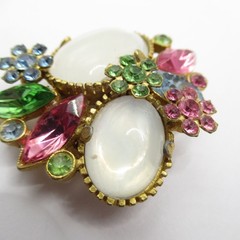 Rhinestone Vintage Brooch Pin Flowers Opaline Glass MCM
