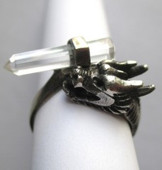 Sz 9.5 VINTAGE STERLING SILVER CLEAR QUARTZ ROCK CRYSTAL WAND DRAGON RING
