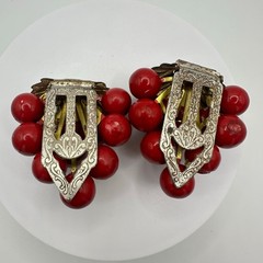 Vintage antique set 2 gold tone brass red plastic enameled grapes dress clips