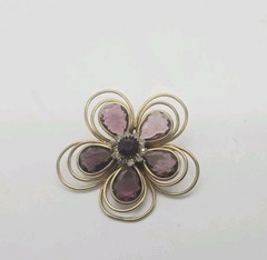 Flower Brooch Purple White Crystal Gold tone Wire Vintage 2.25 in