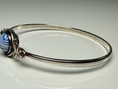 Sterling Silver Blue White Art Glass Bead Bangle Bracelet 6.5” 925