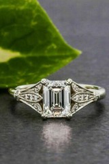 Art Deco Emerald Cut Lab Created Diamond Leafes Wedding White Gold Filled Ring