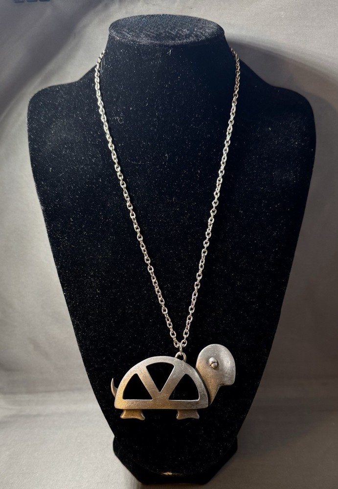 Vintage Turtle Pendant Necklace, 12 in. Silver-Tone Chain, Pewter Animal.