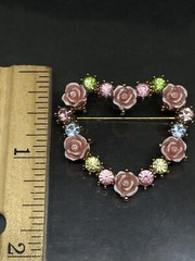 Vintage Avon JJJ Brooch Pin Heart Valentines Flower Rose Accented Rhinestones✨