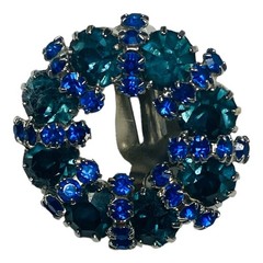 Weiss Signed Peacock Blue Emerald Green Brooch Earring Set Vintage 1960s Jewelry
