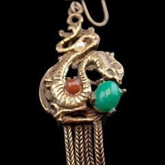 Antique Asian Dragon Jade Carnelian Cabochon Dangle Screw Back Tassel Earrings