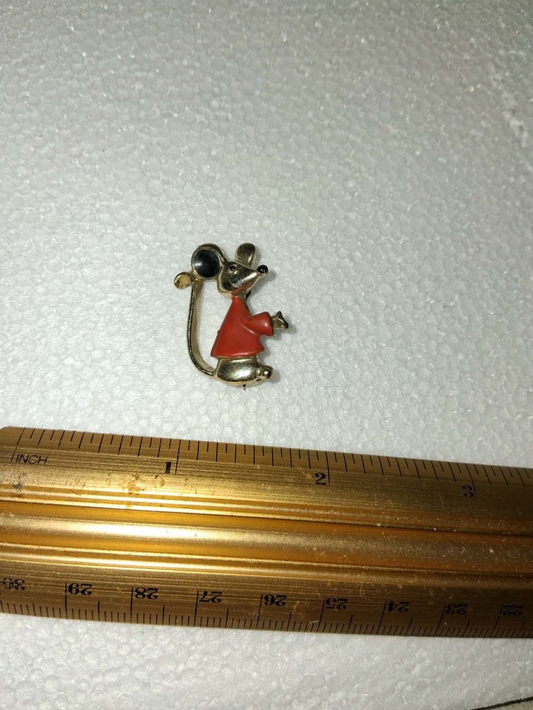 Vintage Mouse Brooch Red Lucite Plastic Silver Tone Figural Novelty Pin Unmarked