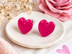 Vintage Hot Pink Heart Stud Earrings Acrylic Resin Love Retro 1980s