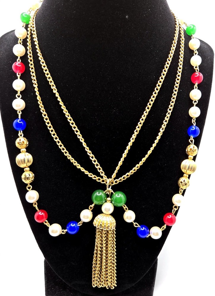 VTG Multi-Strand Layered Tassel Necklace Colorful Glass Beads GoldTone Statement