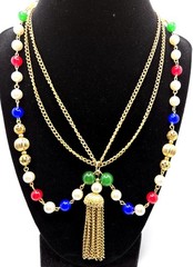 VTG Multi-Strand Layered Tassel Necklace Colorful Glass Beads GoldTone Statement