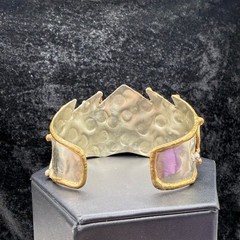 Vintage Brutalist Cuff Bracelet Mixed Metals Polished Stone 6.5”