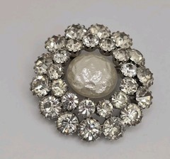 Vtg Rhinestone Large Faux Pearl Brooch Silver Tone Circular Pin Prong Set Stones