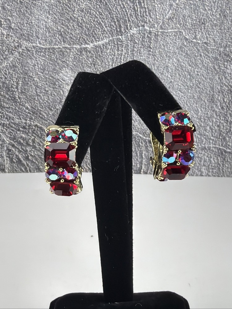 Vintage signed Lisner Red AB Rhinestone Clip On Earrings gold tone