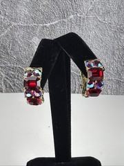 Vintage signed Lisner Red AB Rhinestone Clip On Earrings gold tone