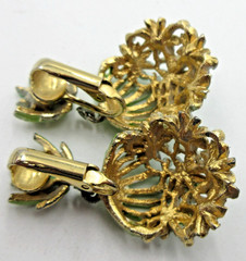 VTG FLOWER white green gold tone DANGLE open clip on Earrings RHINESTONE ENAMEL
