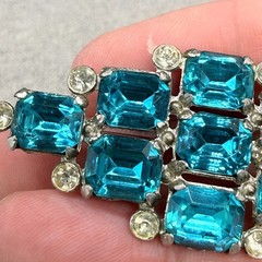 Vintage Brooch Blue Stones Clear Rhinestones 2.5 Inches