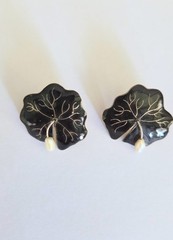 Vintage Thousand Flowers Earrings Enamel Lily Pad & Dangling Pearls