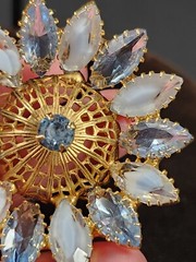 Vintage icy blue and givre navette gold tone filigree 3D flower brooch