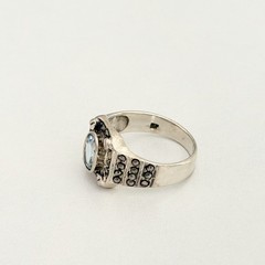 Vintage 925 Sterling Silver Genuine Blue Topaz Marcasite Deco Style Ring SZ 9.5