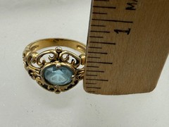 VINTAGE ESTATE GOLD PLATED OVAL CUT PASTE BLUE TOPAZ FILIGREE RING SIZE 8