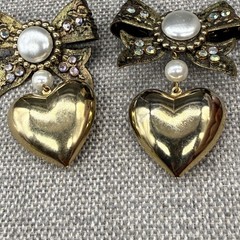 Vintage Earrings Large Gold Tone Bows Puffy Hearts AB Rhinestones 2.5 Inches