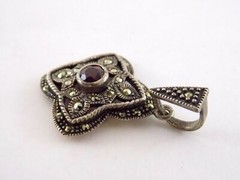 Sterling Silver Garnet Marcasite Four Sided Pendant 925 5.1g 1.25 Inches Long