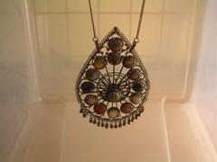 Large Vintage Silver/Bi Metal Gemstone Pendant Chain Necklace India Filigree 5″