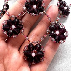 VintagPurple Pink Beaded Flower Bib Necklace Floral Garden Party Necklace 15-21″