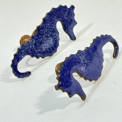 Copper Enamel Seahorse Earrings Vintage Artisan Blue Screw Back 1.5″