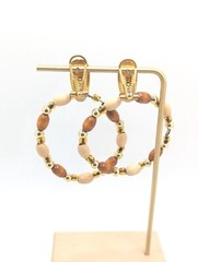 Large Vintage Beaded Hoop Drop Dangle Earrings Stud Pierced Wood Gold Tone Gift