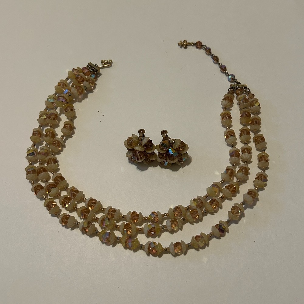 Vtg Signed Vendome Necklace Clip Earrings Set Glass Beads AB