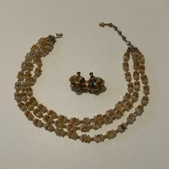 Vtg Signed Vendome Necklace Clip Earrings Set Glass Beads AB