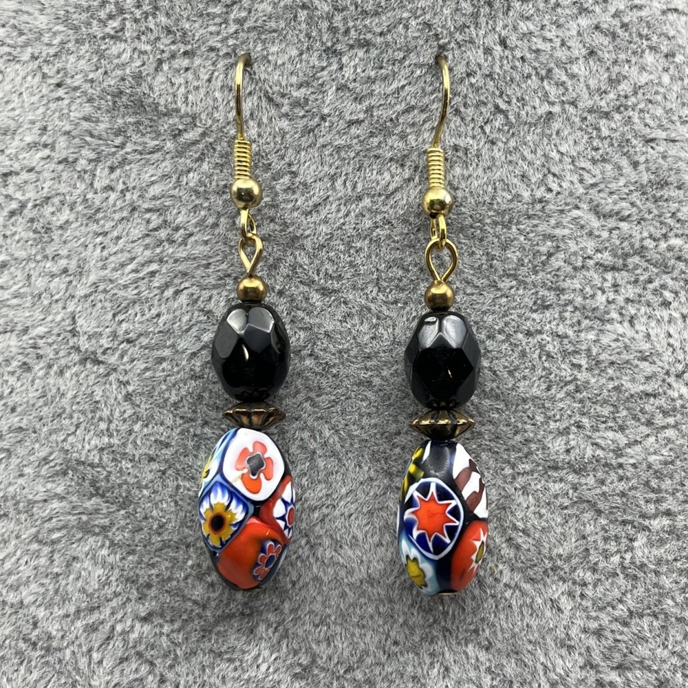 Vintage Venetian Colorful Millefiori Art Glass Beaded Dangle Drop Earrings