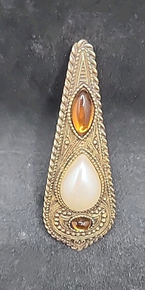 Vintage Gold Tone Cabochon Faux Pearl Rhinestone Brooch Pin 3 1/8″