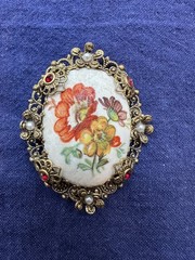 Vintage West Germany Floral Brooch | 2″ Gold Tone Filigree Pin | All Stones