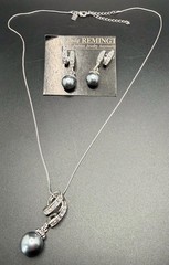 Vintage LADY REMINGTON Pendant Necklace / Post Earrings Set Gray Faux Pearls
