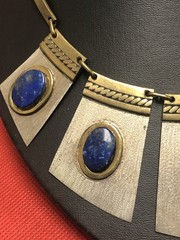 VINTAGE MIXED METALS BRASS AND SILVER COLORED LAPIS LAZULI HAND MADE NECKLACE