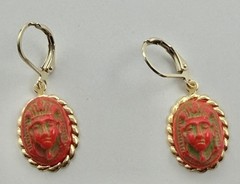 Upcycled Neiger Bros Red & Green Egyptian Pharaoh Face Czech Art Glass Earrings