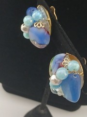 W.GERMANY goldtone IRIS GLASS multicolor beads pearls necklace earrings set