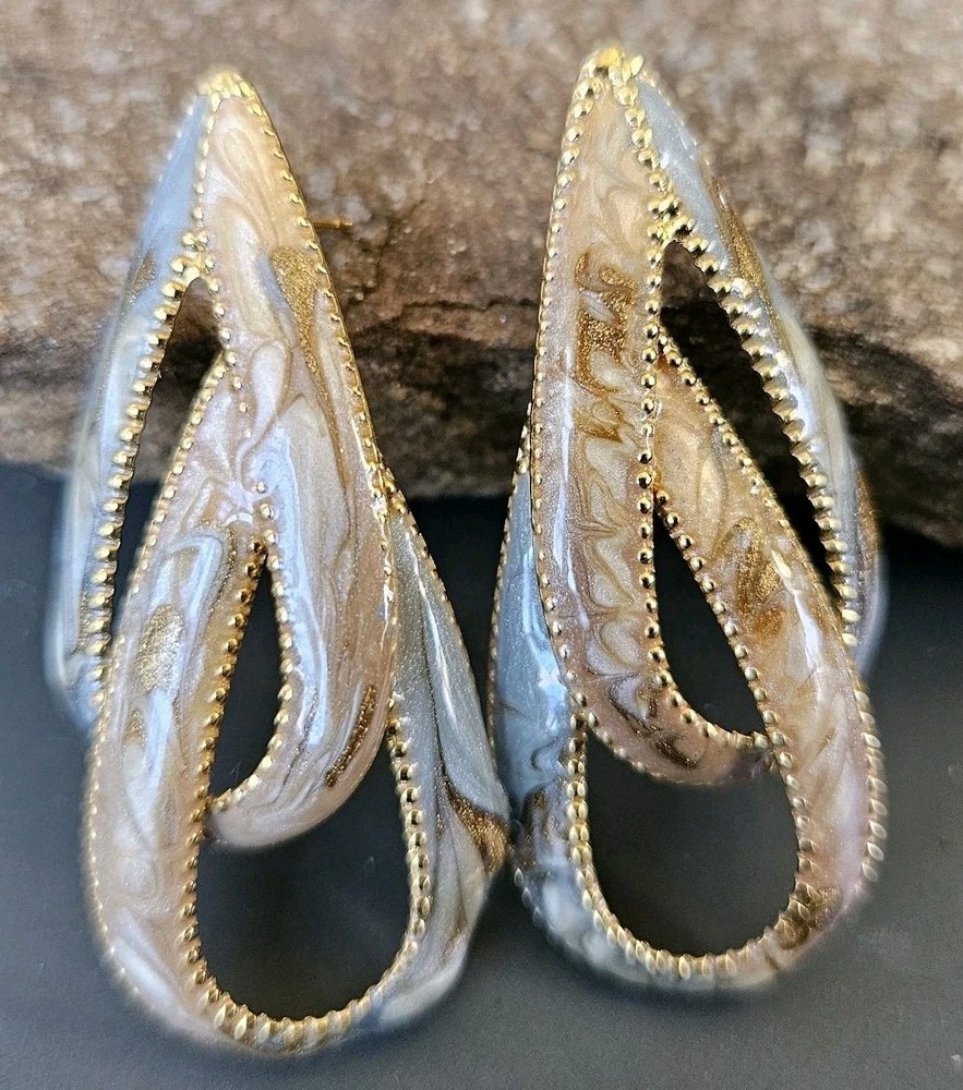 Vintage 1980s Enamel Earrings Tear Drop Gold Tone Marbled Caramel Sage Swirl Wow