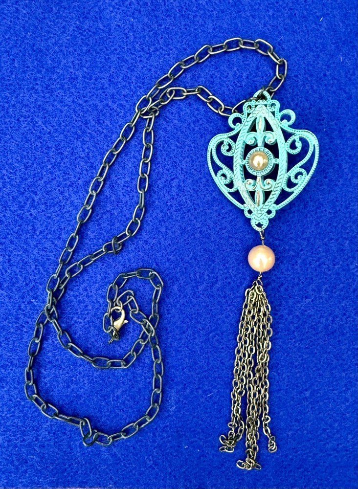 Vintage Patina Metal Filigree Medallion Tassel Necklace Art Nouveau 28″