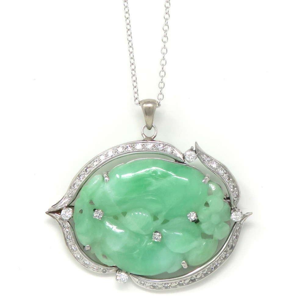 NYJEWEL 14k White Gold Carved Jadeite A Jade Diamond Brooch Pendant Necklace 18″