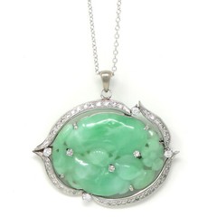 NYJEWEL 14k White Gold Carved Jadeite A Jade Diamond Brooch Pendant Necklace 18″