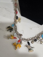 Vintage Tropicana Necklace Silver Wooden Animals Birds Chain Parrot Hearts 1960s