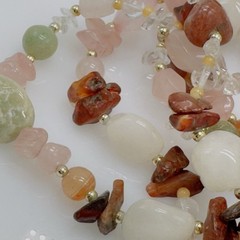 Vintage Beggars Bead Necklace Semi Precious Gemstones 31″ Pink Green Clear