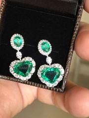 Heart Oval Simulated Emerald Simulated Diamond Halo Dangle Earrings 925 Silver