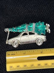 AJC Large Christmas Brooch Bringing Home the Tree with Car Gold Tone and Enamel