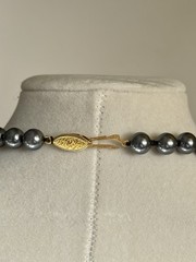 Vintage Hematite Style Gunmetal Gray Glass Pearl Necklace Gold Hook Clasp 1950s