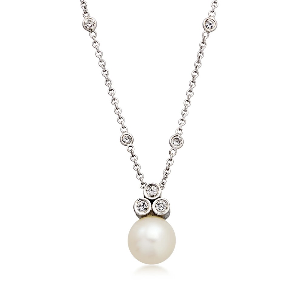 Vint 7.9mm Cult Prl Ncklc w Diamonds in 14k White Gold 15.5 inches